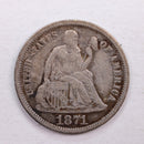 1871-S Seated Liberty Dime., Extra Fine Circulated Coin., Store Sale