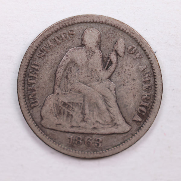 1863 Seated Liberty Dime., Very Fine Circulated Coin., Store Sale #DE0357.