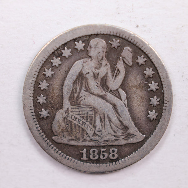 1858-S Seated Liberty Dime., Very Fine Circulated Coin., Store Sale #DE0362.