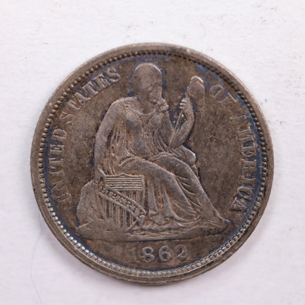 1862 Seated Liberty Dime., About Uncirculated Coin., Store Sale #DE0364.
