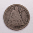 1868-S Seated Liberty Dime., Very Good Circulated Coin., Store Sale