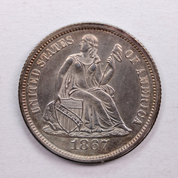 1867 Seated Liberty Dime., Mint State, Uncirculated Coin., Store Sale #DE0368.