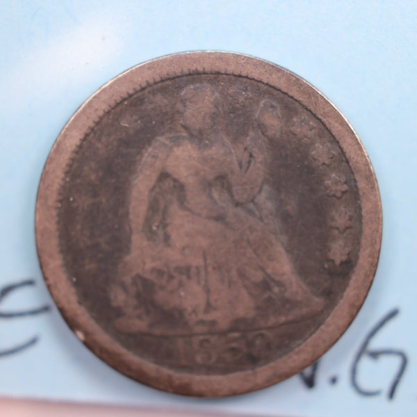 1850 Seated Liberty Dime., Very Good Circulated Coin., Store Sale #DE0377.
