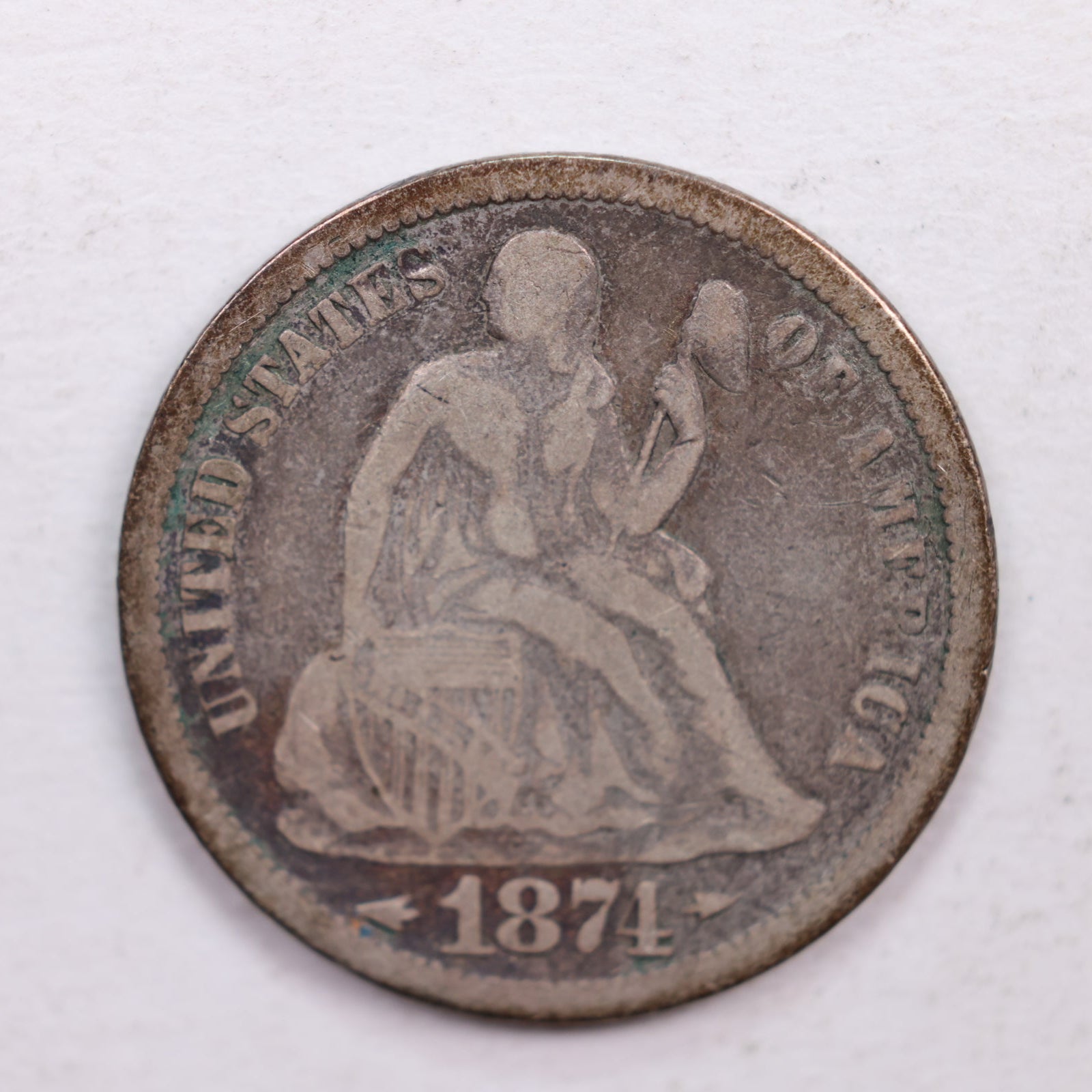 1874 Seated Liberty Dime., Very Fine Circulated Coin., Store Sale #DE0382.