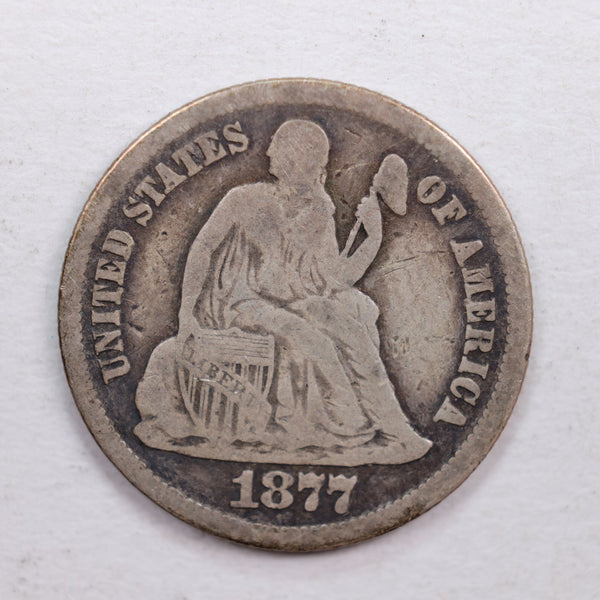 1877 Seated Liberty Dime., Very Fine Circulated Coin., Store Sale #DE0390.