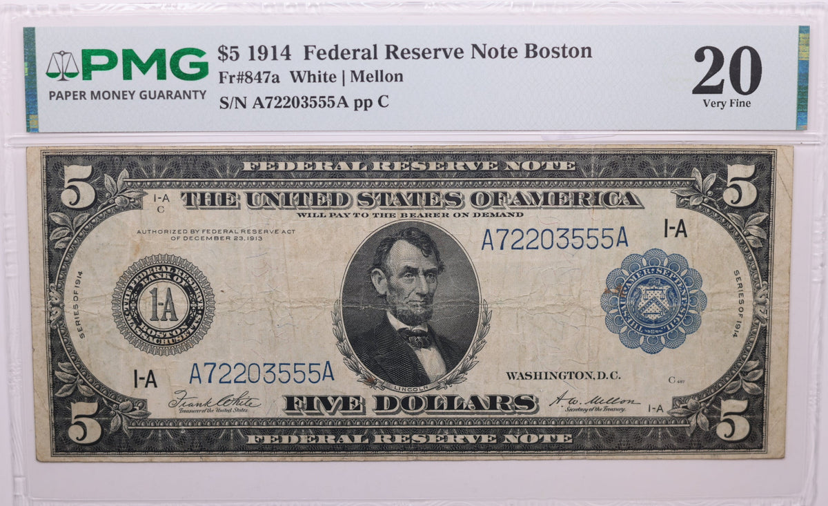 1914 $5 Federal Reserve Note, Boston, MA, Fr#847a, PMG VF-20, GFRB004