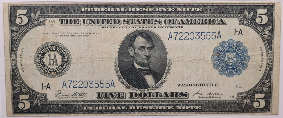 1914 $5 Federal Reserve Note, Boston, MA, Fr#847a, PMG VF-20, GFRB004