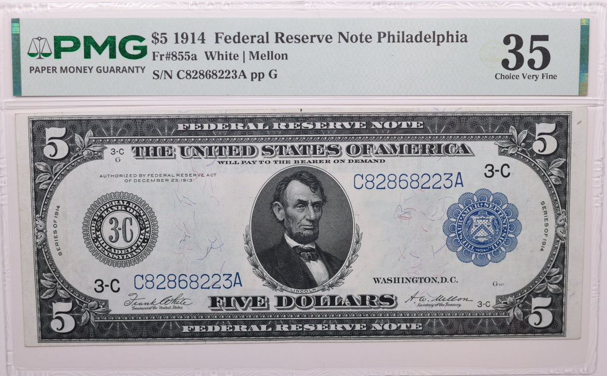 1914 $5 Federal Reserve Note, Philadelphia, PA, Fr#855a, PMG Choice VF-35, GFRB006
