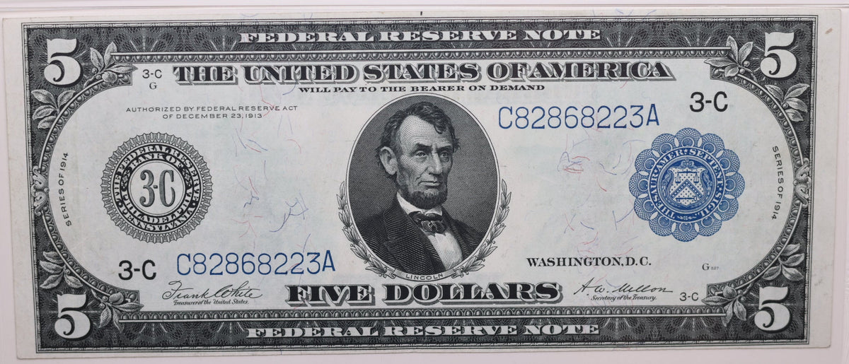 1914 $5 Federal Reserve Note, Philadelphia, PA, Fr#855a, PMG Choice VF-35, GFRB006