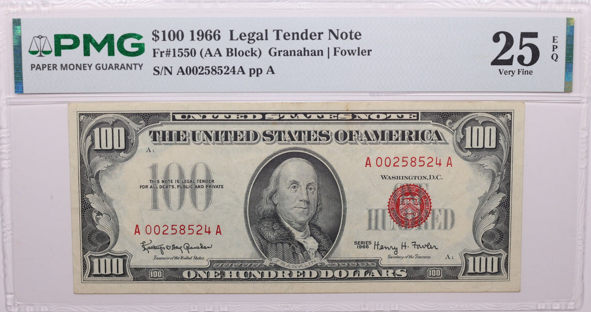 1966 $100, Legal Tender Note., Fr#1550 (AA Block), PMG VF-25., Store #GLT002