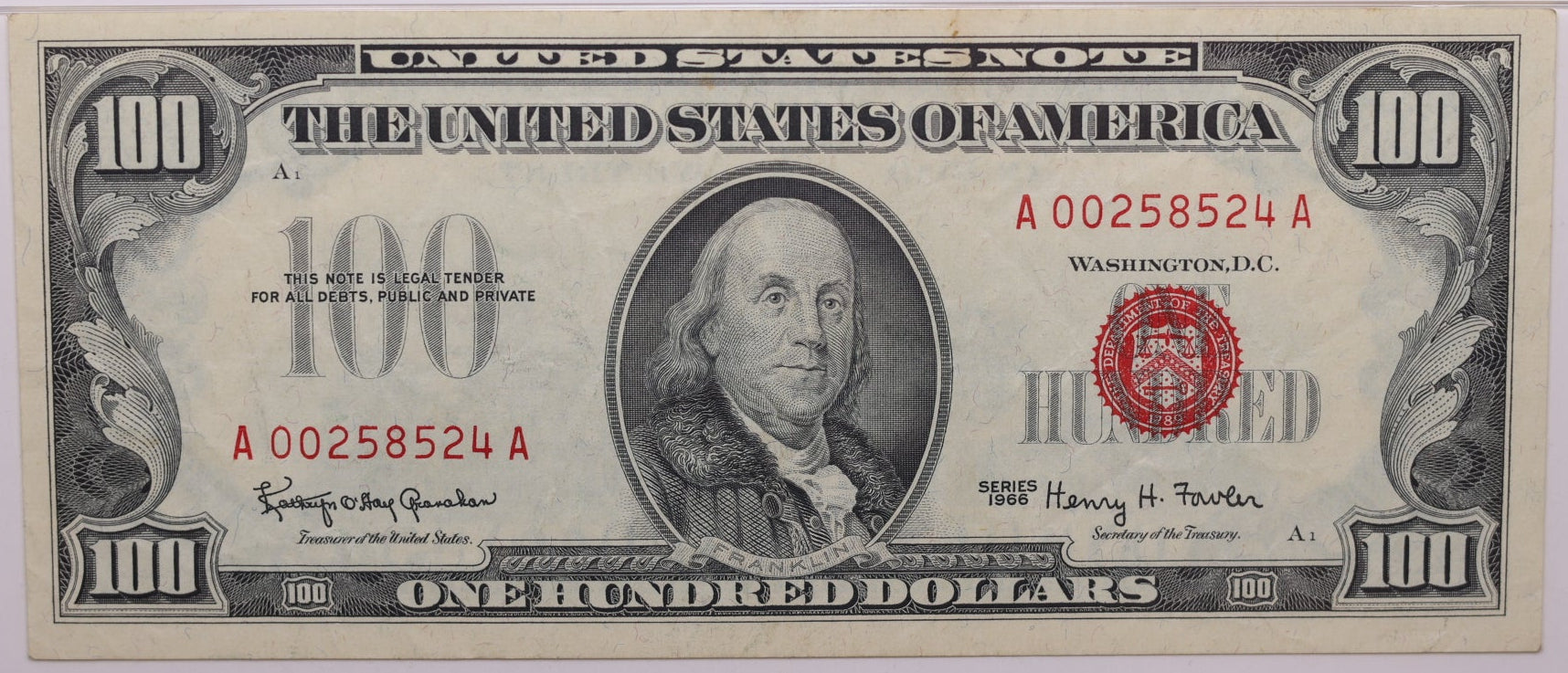 1966 $100, Legal Tender Note., Fr#1550 (AA Block), PMG VF-25., Store #GLT002