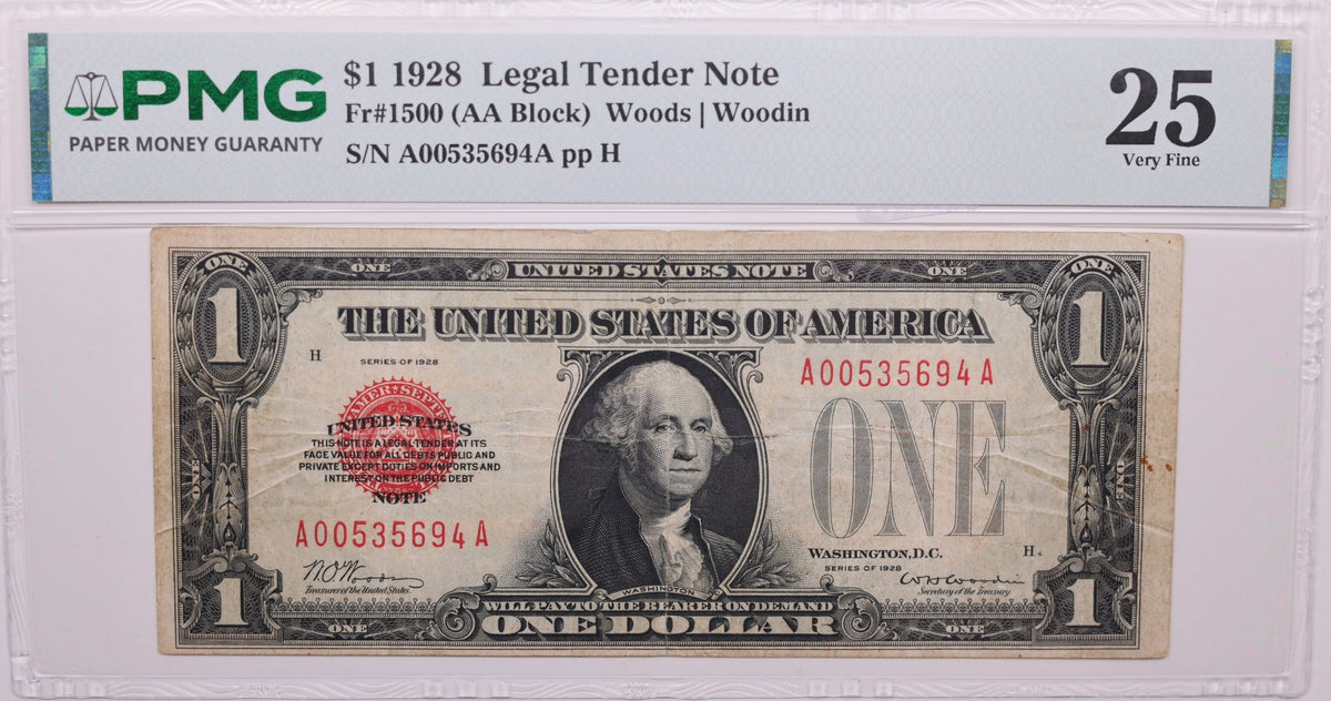 1928 $1, Legal Tender Note., Fr#1500 (AA Block), PMG VF-25., Store #GLT003
