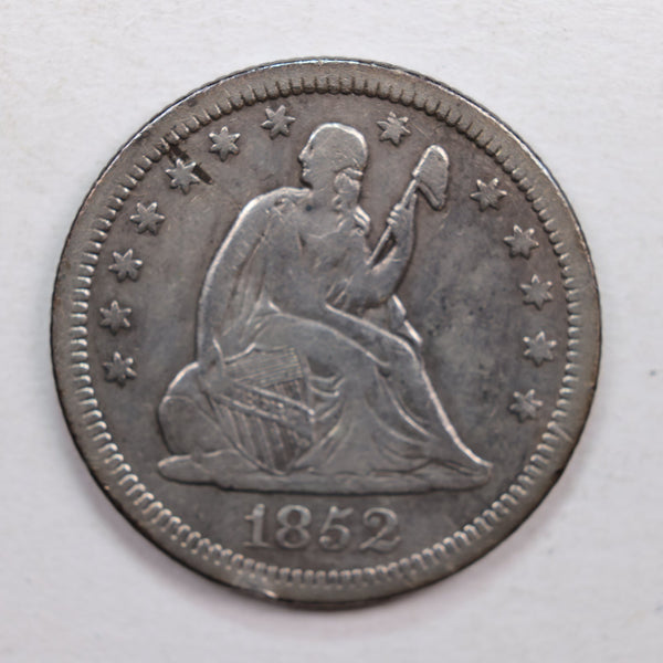 1852 Seated Liberty Quarter., Very Fine Circulated Silver Coin., Store #QR523.