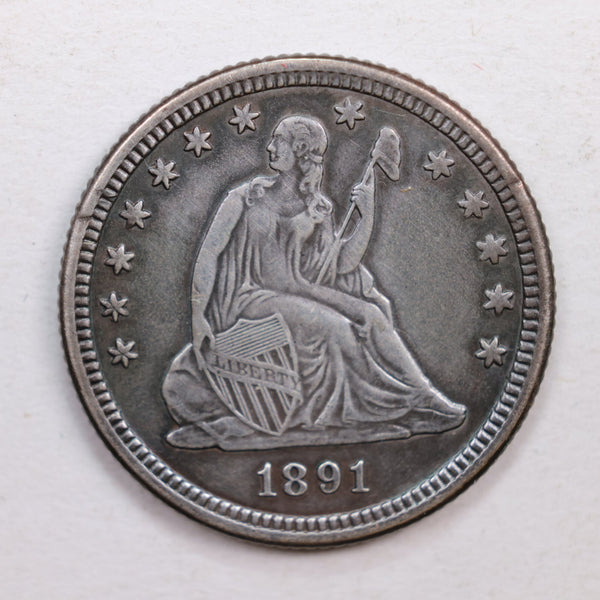 1891-O Seated Liberty Quarter., About Uncirculated Silver Coin., Store #QR527.