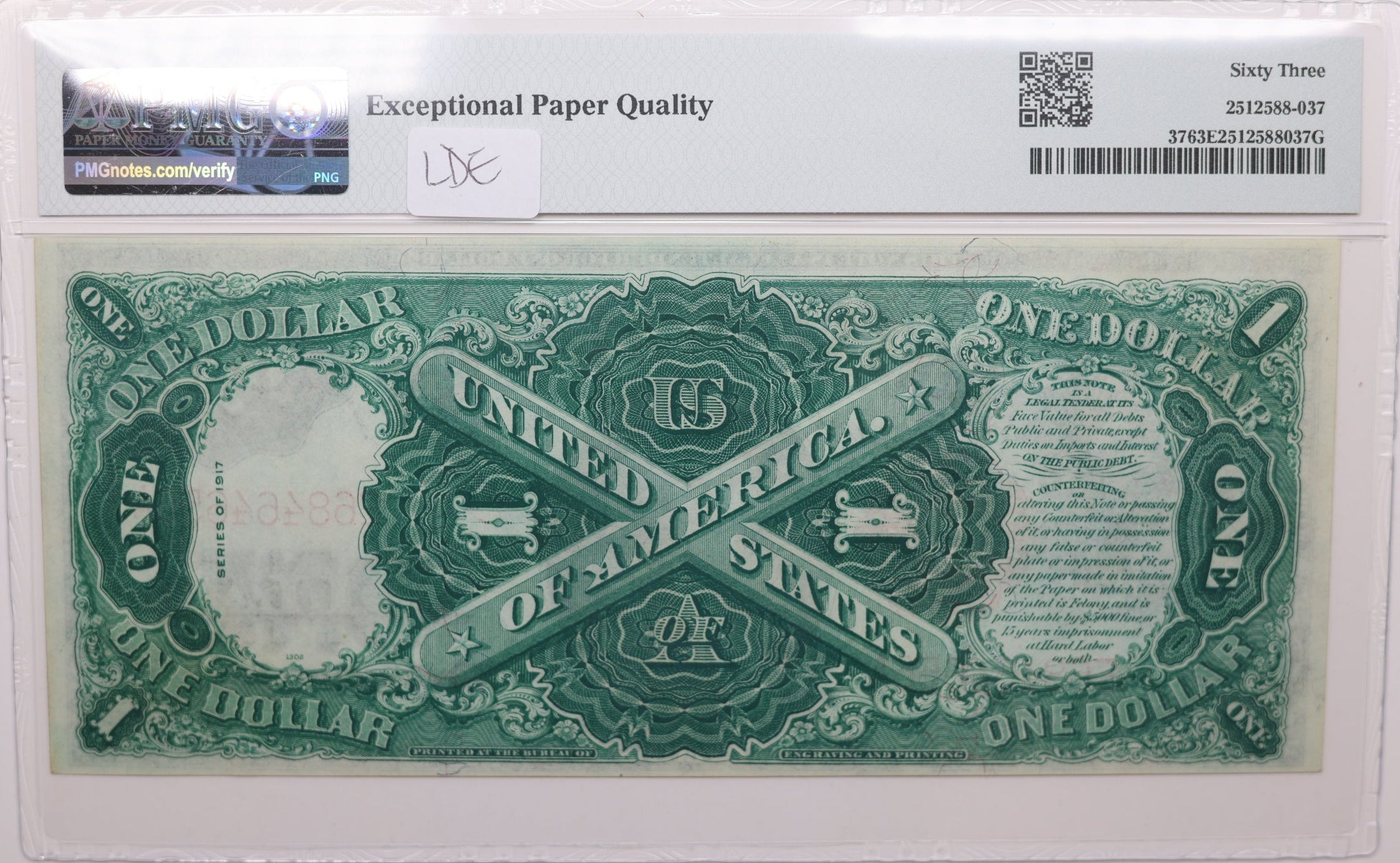 1917 $1, Legal Tender Note., Fr#37, PMG Choice UNC-63, Store #GLT009