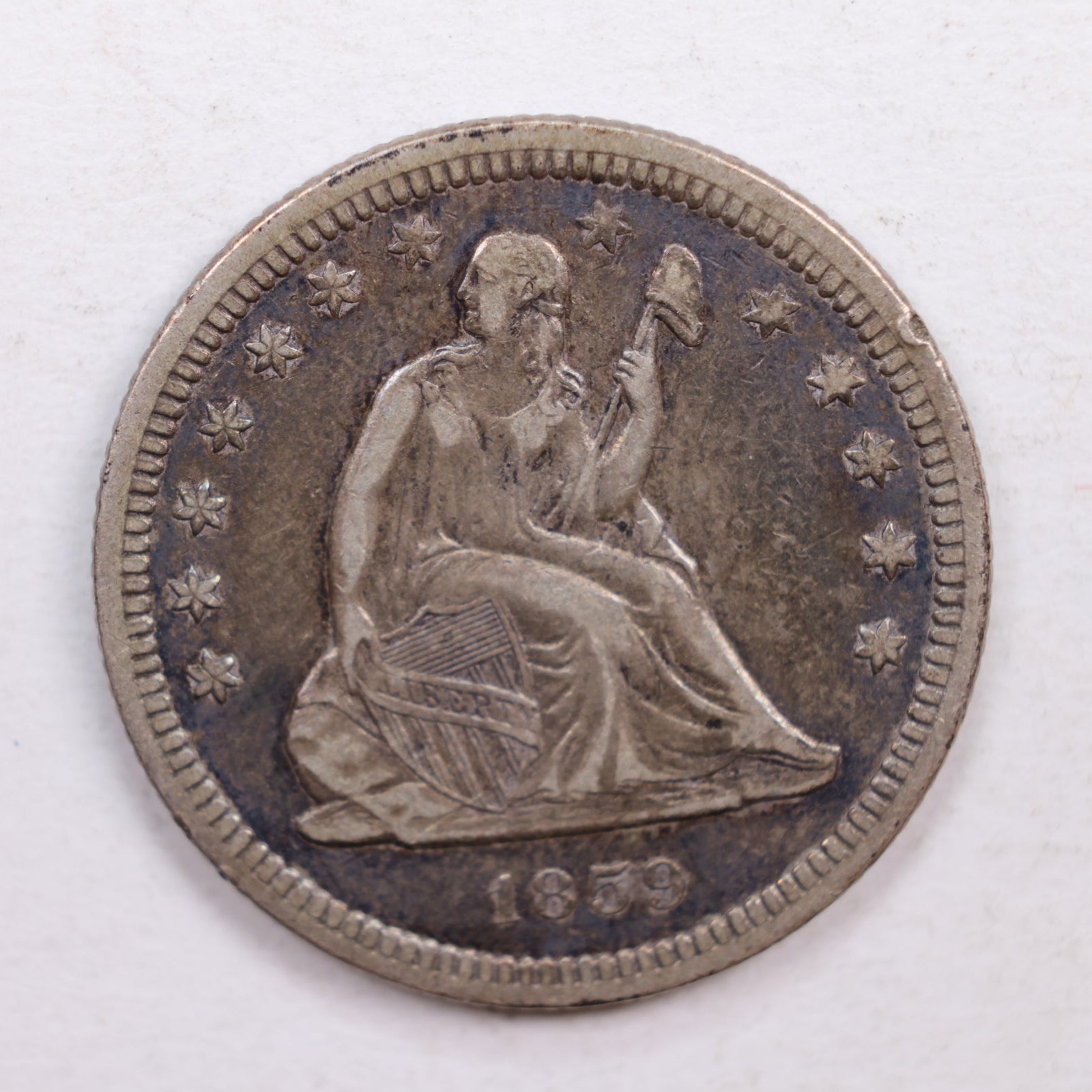 1859 Seated Liberty Quarter., Extra Fine Circulated Silver Coin., Store #QR531