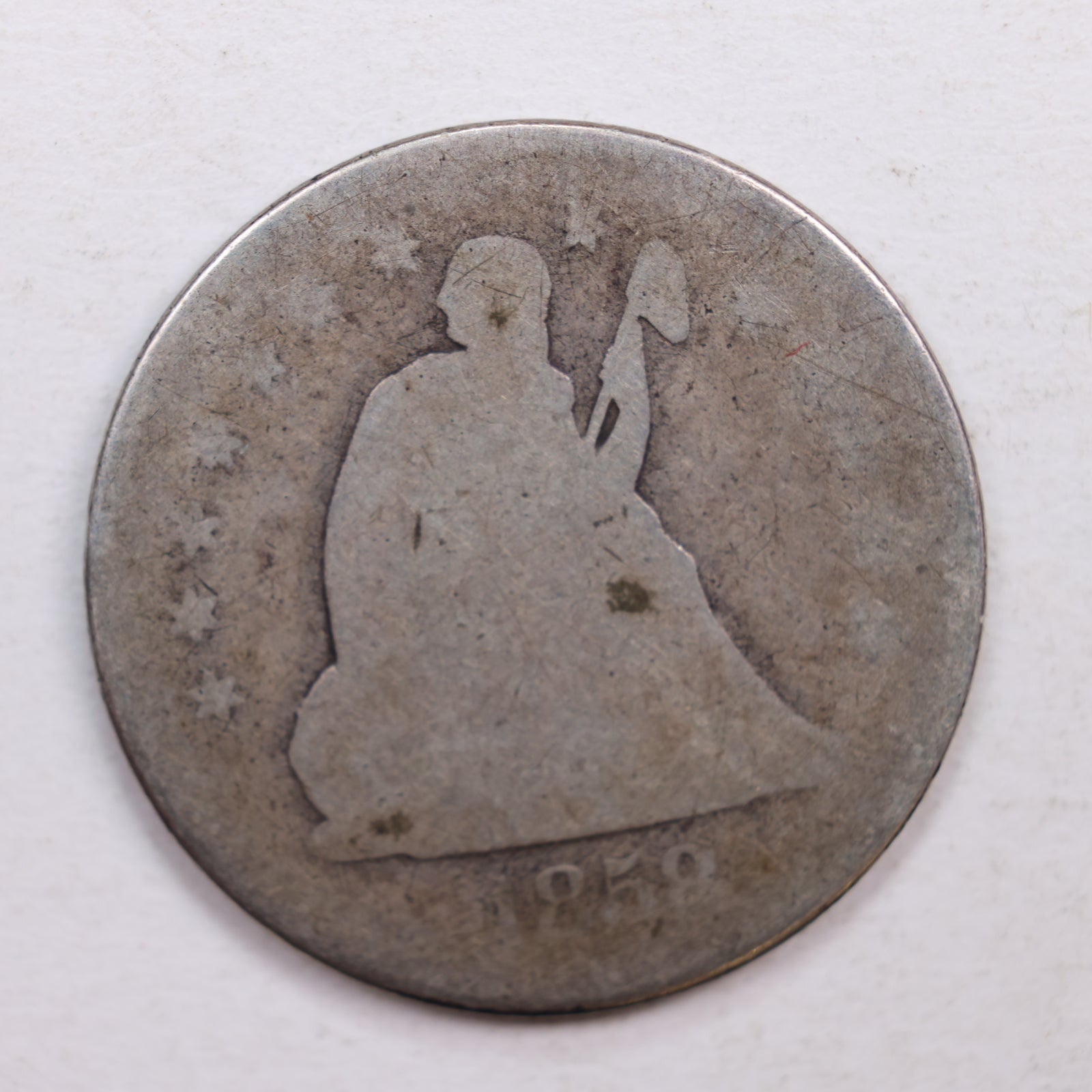 1858 Seated Liberty Quarter., About Good Circulated Silver Coin., Store #QR532.