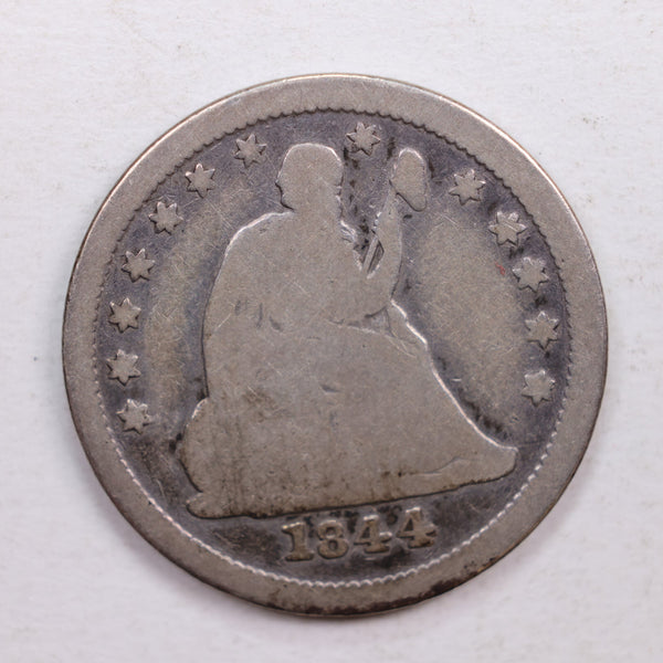 1844-O Seated Liberty Quarter., About Good Circulated Silver Coin., Store #QR533.