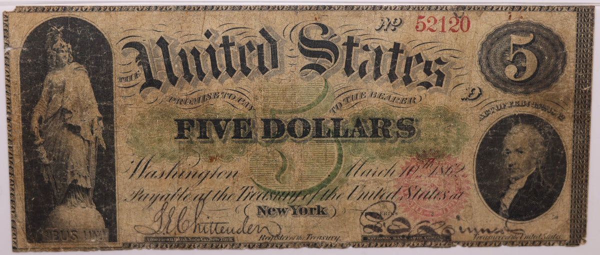 1862 $5, Legal Tender Note, Fr#62 New Series 1-23, PMG F-12, Store #GLT011