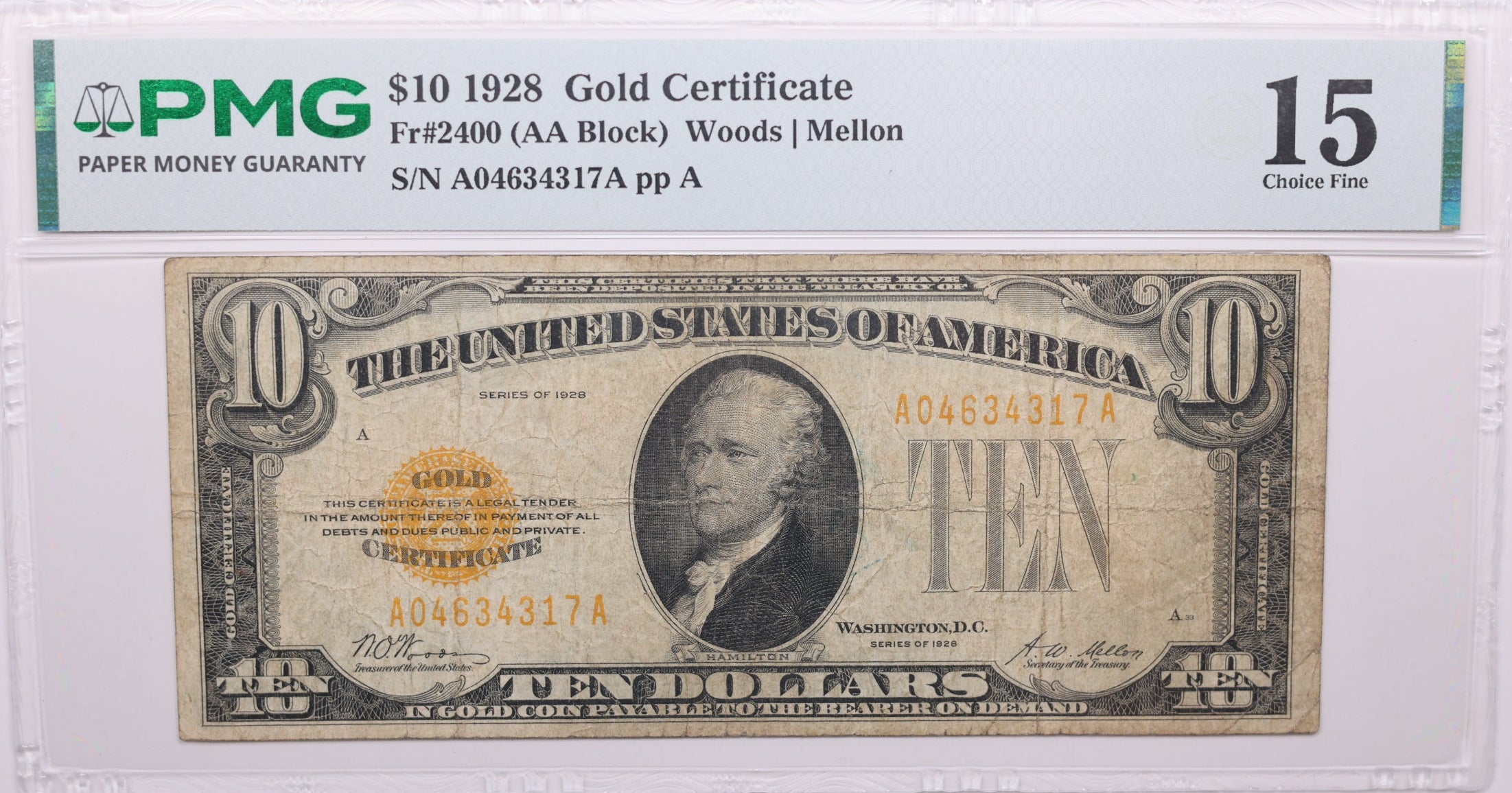 1928 $10 Gold Certificate, FR#2400 (AA Block), PMG Choice Fine-15, Store Sale #GCE002