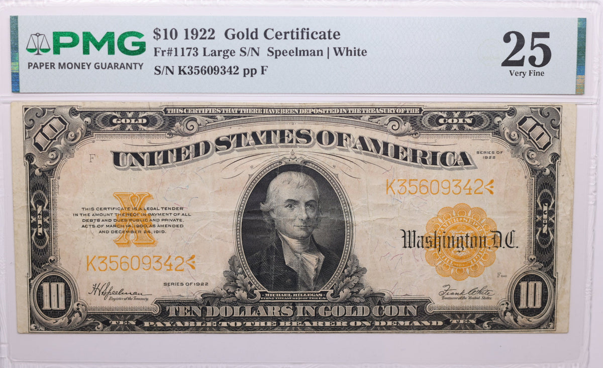 1922 $10 Gold Certificate, FR#1173 (Large S/N), PMG Very Fine-25, Store Sale #GCE005