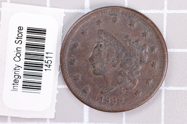 1838 Large Cent, Affordable Circulated Coin, Store Sale #14511