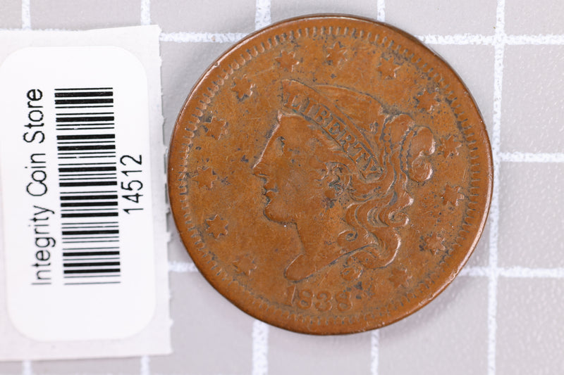 1838 Large Cent, Affordable Circulated Coin, Store Sale