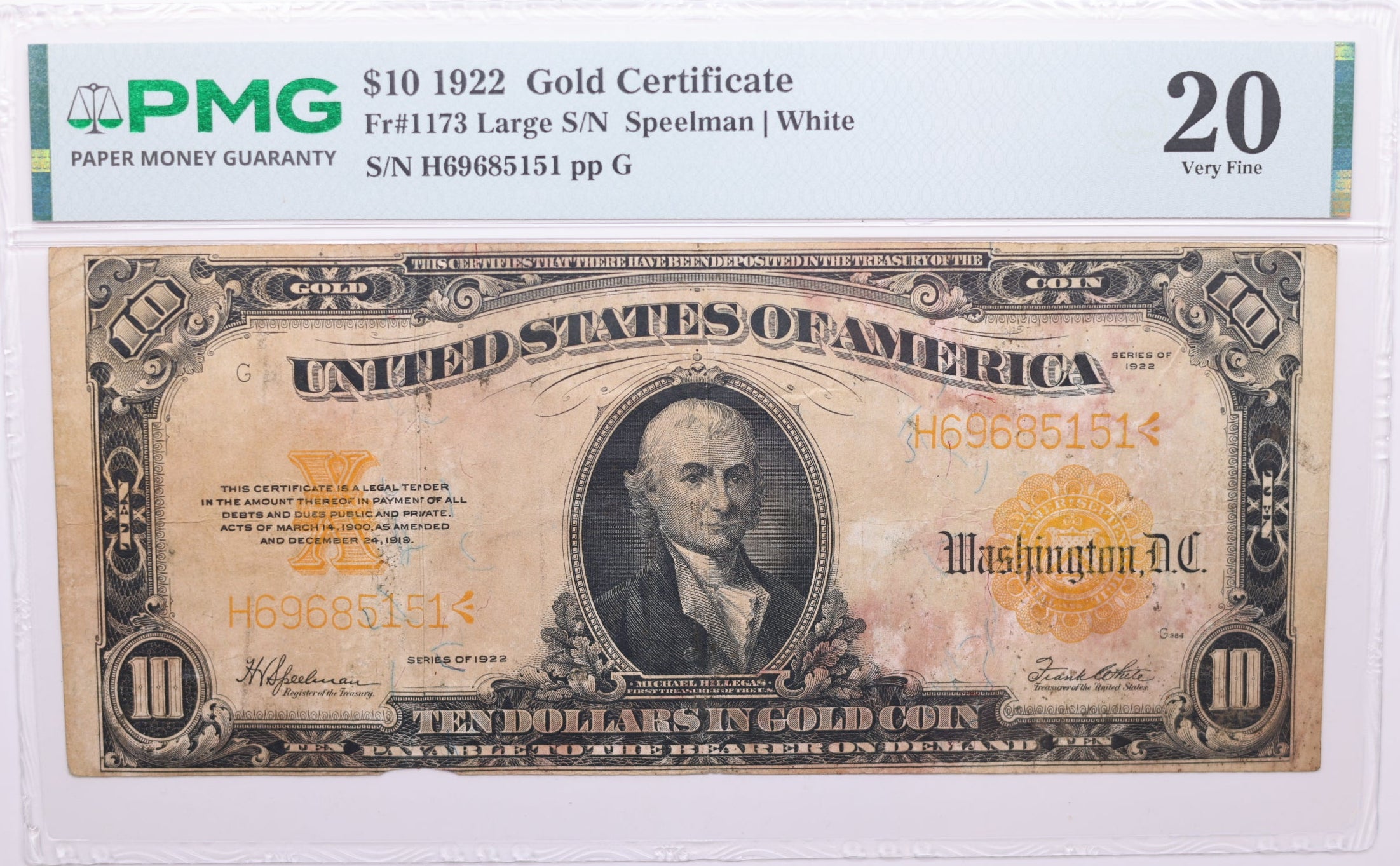 1922 $10 Gold Certificate, FR#1173 (Large S/N), PMG Very Fine-20, Store Sale #GCE008