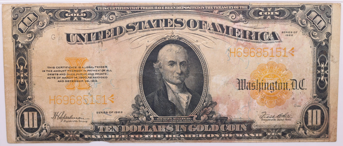 1922 $10 Gold Certificate, FR#1173 (Large S/N), PMG Very Fine-20, Store Sale #GCE008