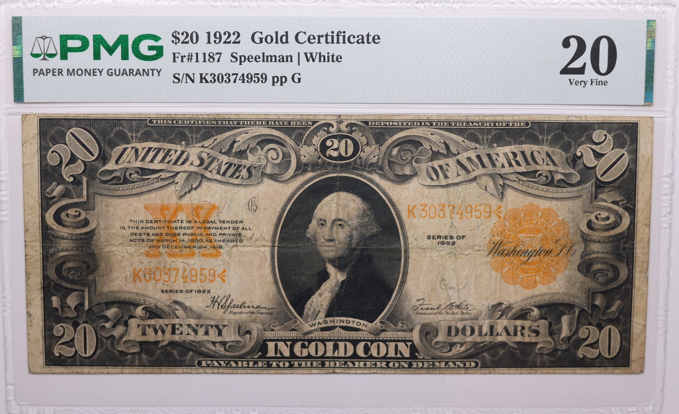 1922 $20 Gold Certificate, FR#1187, PMG Very Fine-20, Store Sale #GCE009