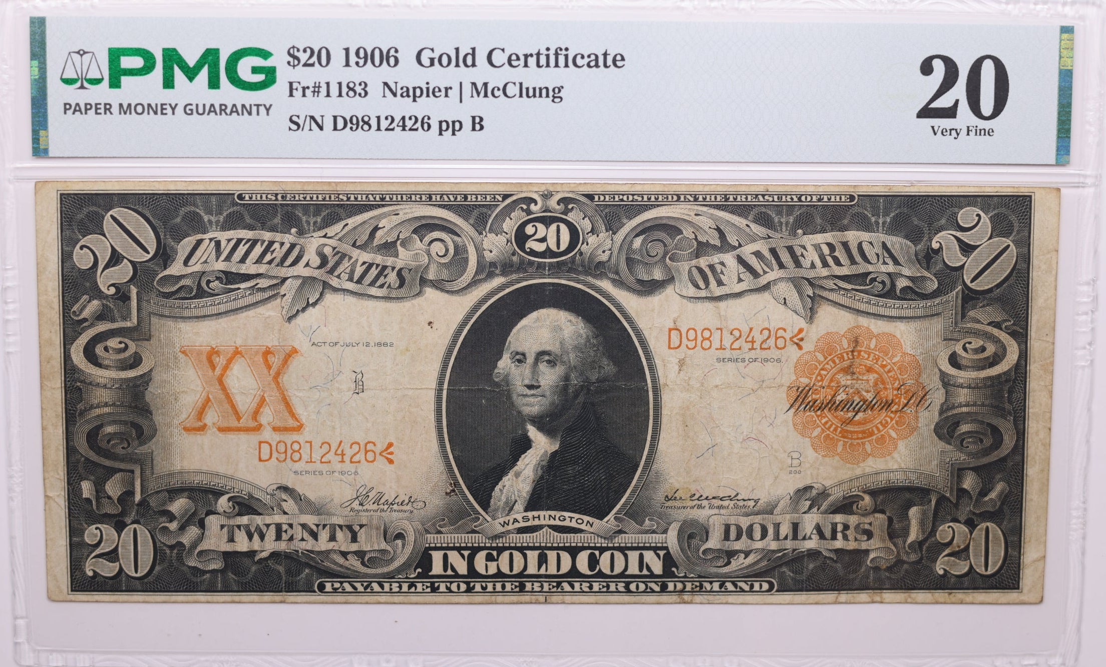 1906 $20 Gold Certificate, FR#1183, PMG Very Fine-20, Store Sale #GCE011