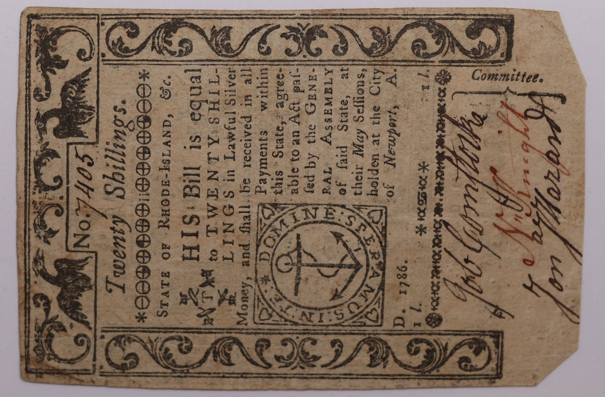 May 1786, 20 Shillings. Rhode Island, Colonial Note, Fr#RI-298, PMG VF30, Store #GCY004