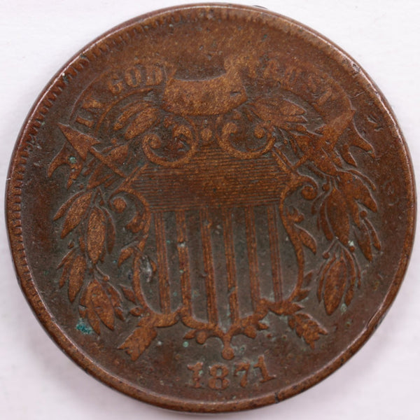 1871 Two-Cent Piece, Very Good Circulated Coin, Store #2C0002