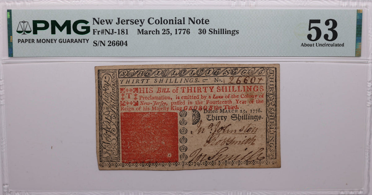 March 25, 1776, 30 Shillings. New Jersey, Colonial Note, Fr#NJ-181, PMG UNC-53, Store #GCY009