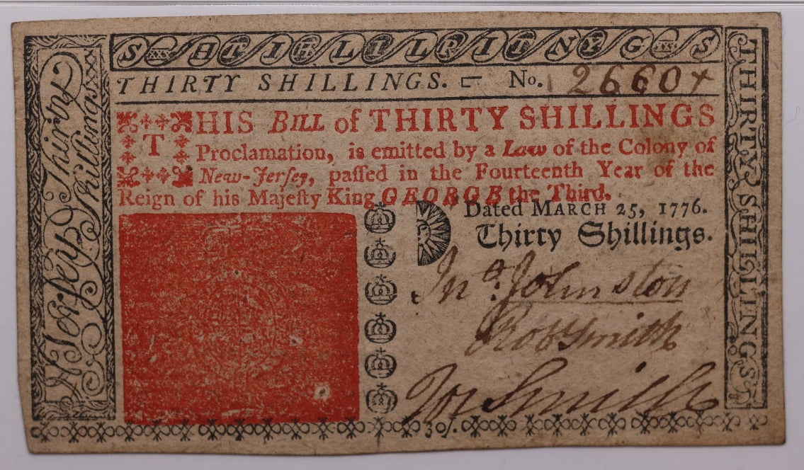 March 25, 1776, 30 Shillings. New Jersey, Colonial Note, Fr#NJ-181, PMG UNC-53, Store #GCY009