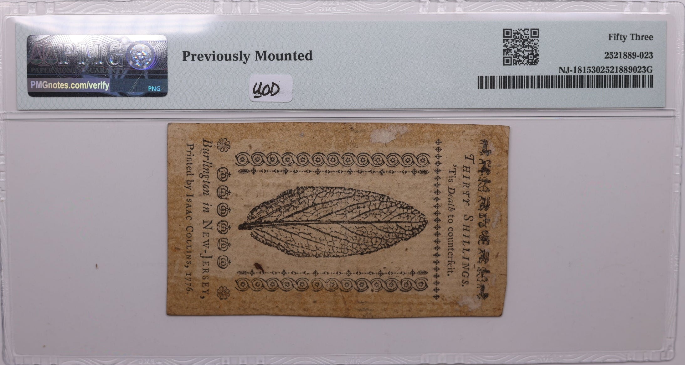 March 25, 1776, 30 Shillings. New Jersey, Colonial Note, Fr#NJ-181, PMG UNC-53, Store #GCY009