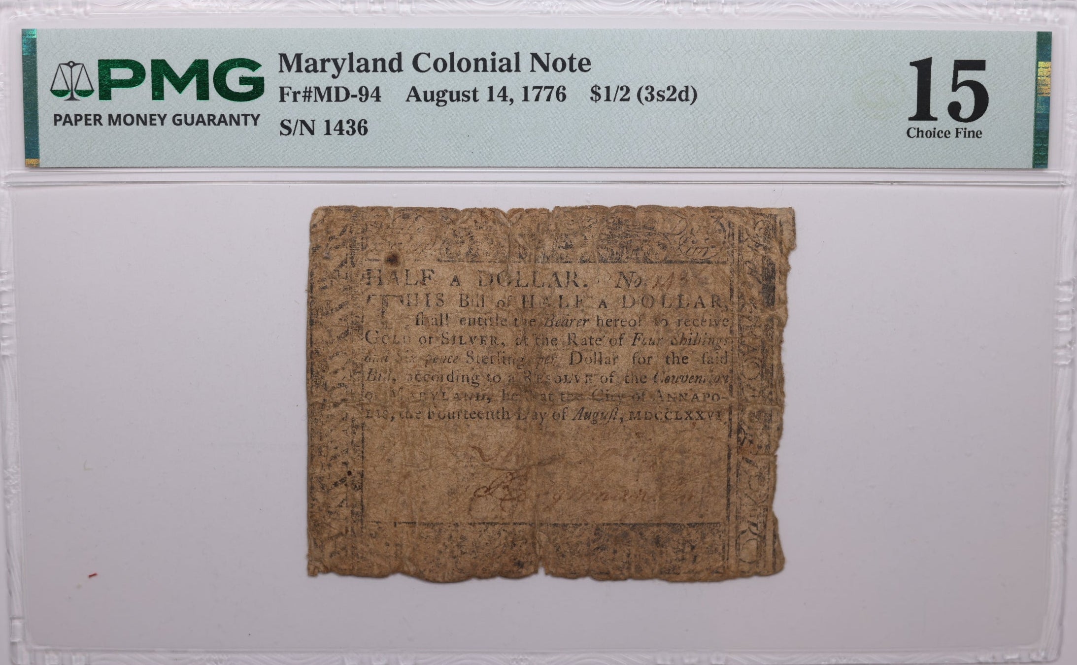 August 14, 1776, $1/2 (3s2d). Maryland, Colonial Note, Fr#MD-94, PMG Choice F-15, Store #GCY015