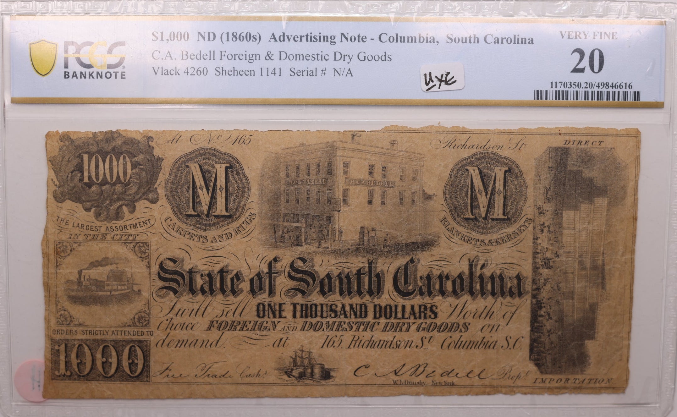 1860's $1000 ND, Advertising Note, South Carolina, PCGS F-20, Store #GSC002
