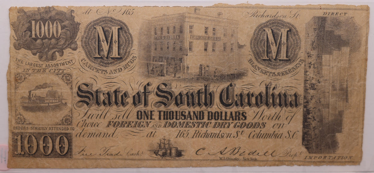 1860's $1000 ND, Advertising Note, South Carolina, PCGS F-20, Store #GSC002