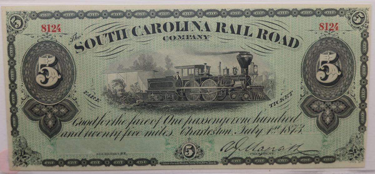1873, $5 Fare Ticket, One Passenger/125 Miles, South Carolina, PCGS GEM UNC-65, Store #GSC003