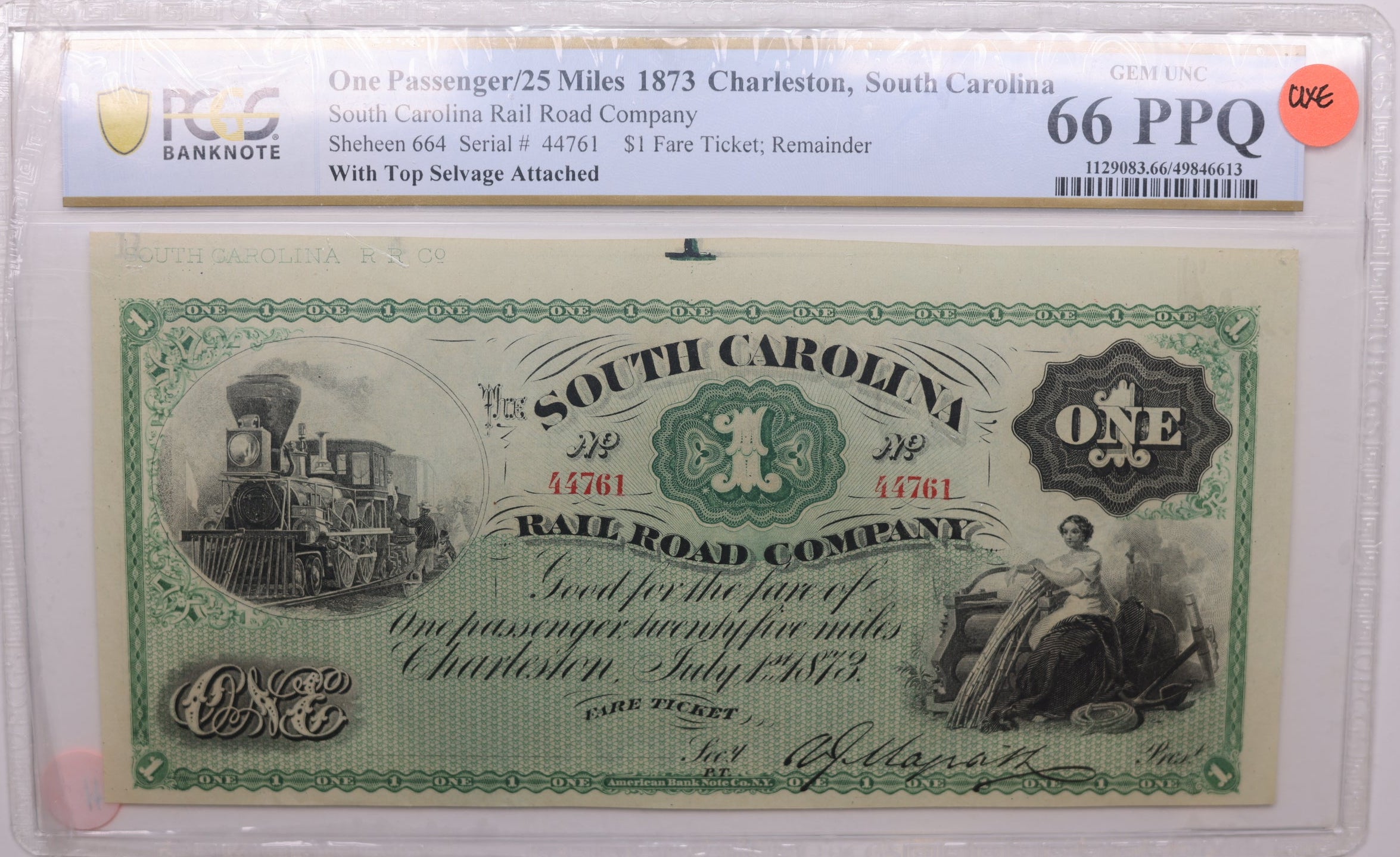 1873, $1 Fare Ticket, One Passenger/25 Miles, South Carolina, PCGS GEM UNC-66, Store #GSC004