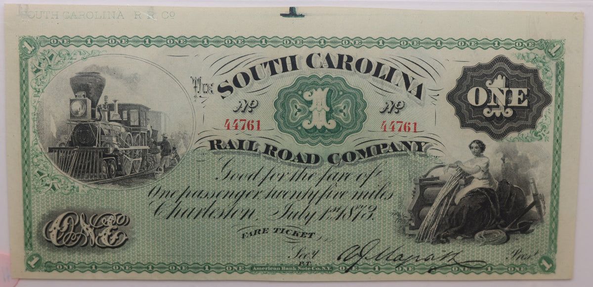 1873, $1 Fare Ticket, One Passenger/25 Miles, South Carolina, PCGS GEM UNC-66, Store #GSC004