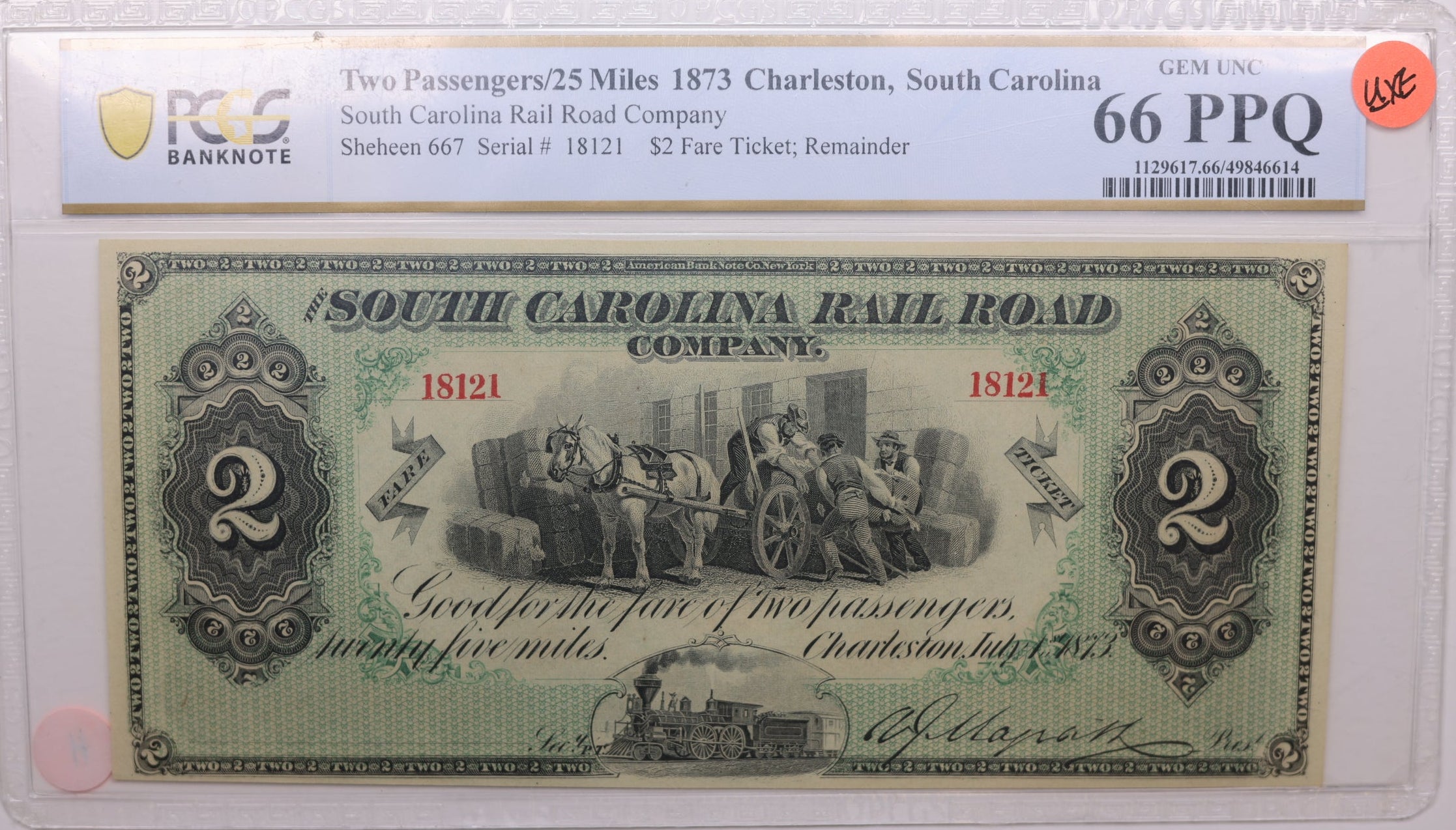 1873, $2 Fare Ticket, Two Passenger/25 Miles, South Carolina, PCGS GEM UNC-66, Store #GSC005