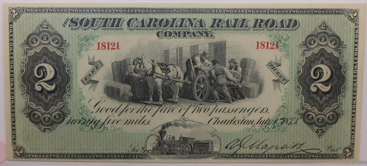 1873, $2 Fare Ticket, Two Passenger/25 Miles, South Carolina, PCGS GEM UNC-66, Store #GSC005