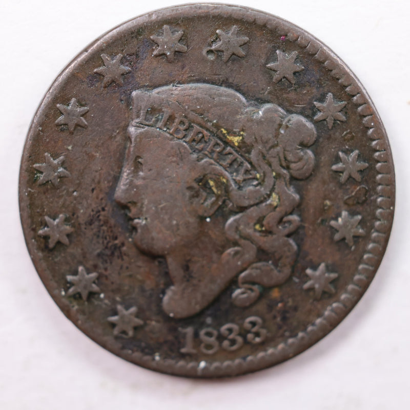 1833 Matron Head Large Cent, Fine+ Circulated Coin, Store