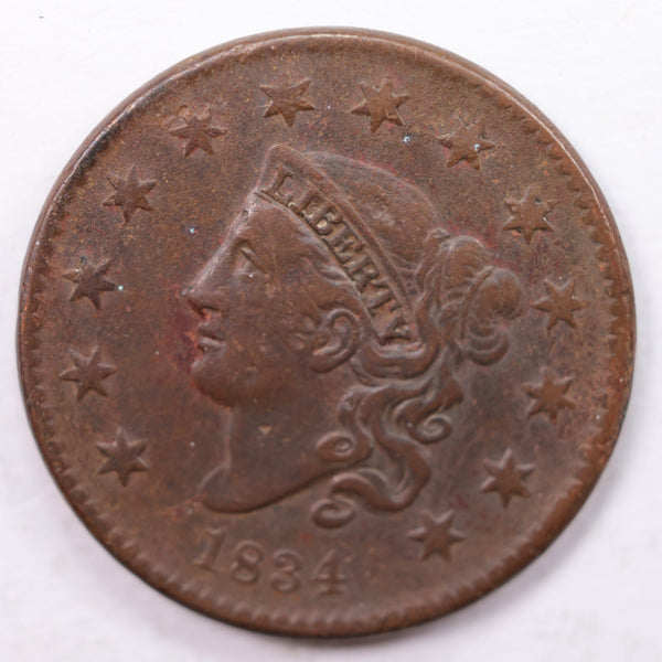 1834 Matron Head., Large Cent., Very Fine+., Circulated Coin., Store Sale #CT0034