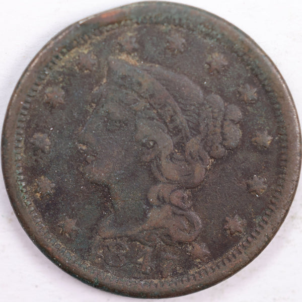 1847 Braided Hair Large Cent, Very Good Circulated Coin, Store #CT0044
