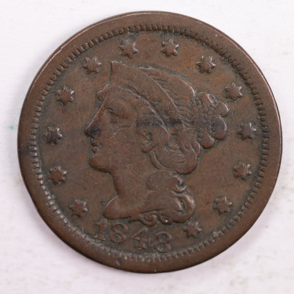 1848 Braided Hair, Large Cent, Very Good Circulated Coin, Store Sale #CT0298
