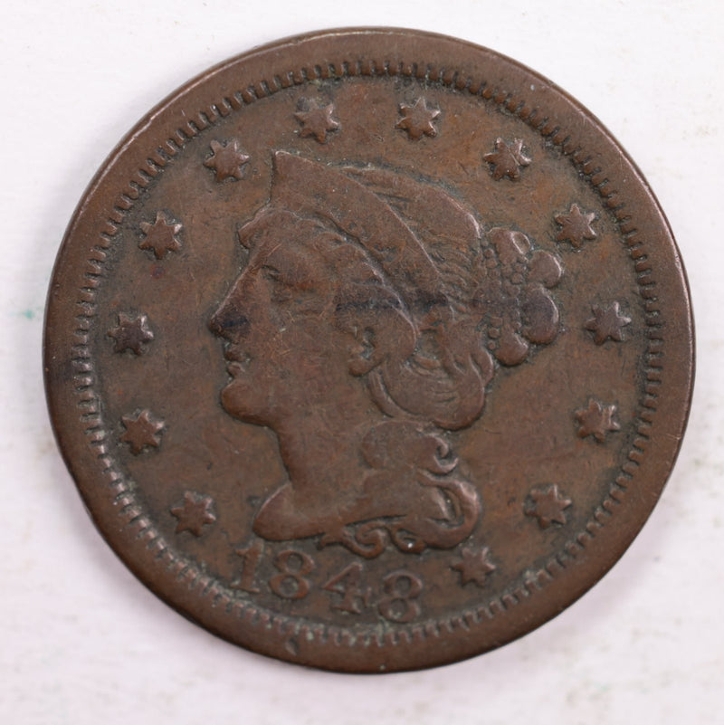 1848 Braided Hair, Large Cent, Very Good Circulated Coin, Store Sale