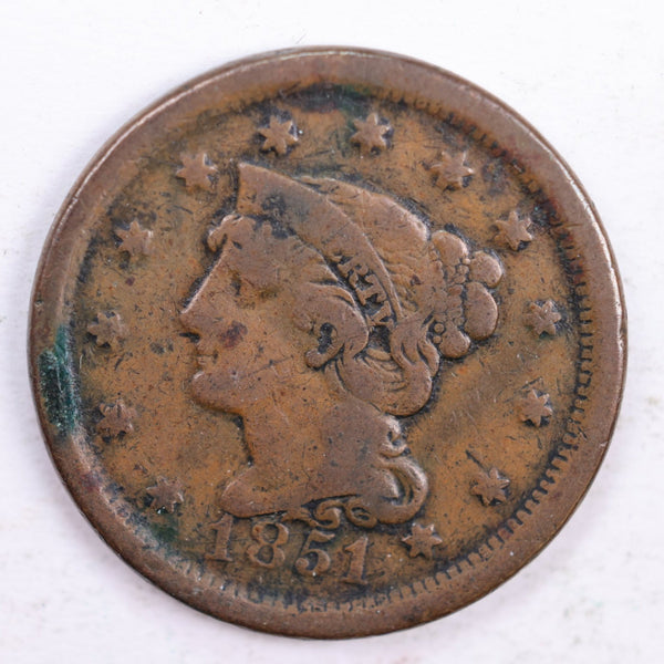 1851 Braided Hair Large Cent, Very Good Circulated Coin, Store Sale #CT0167